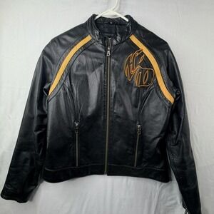 Harley Davidson Womens Black Leather Biker Jacket Yellow Stripe Graphic Size M